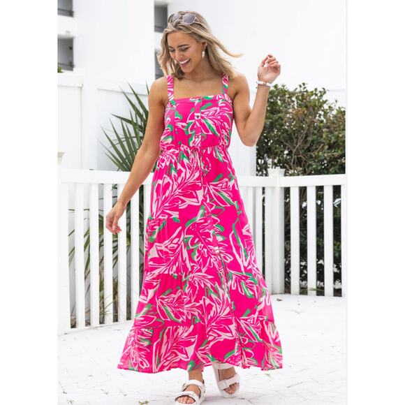 OneTheLand Maxi Dress Pink Tropical Leaf Print Boho Resort Size Small VGUC - Picture 1 of 12